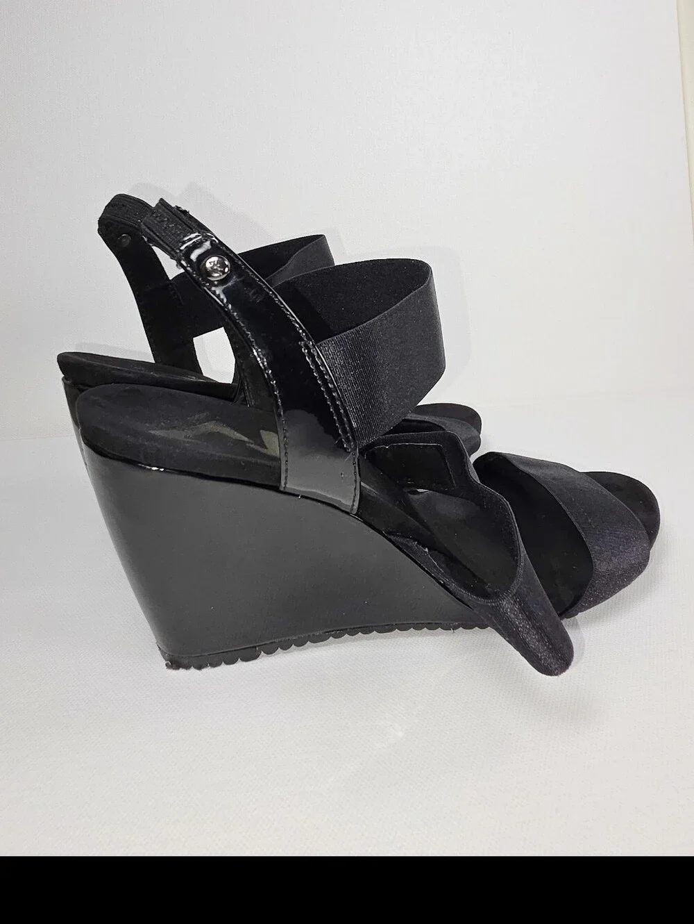 Anne Klein Sport Size 7.5 Black Strappy Wedge Sandals - Women